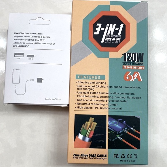 BUNDLE 1pc 3-In-1 Charging Cable Compatible & 20W USB & USB-C Power Adapter, NEW - Picture 6 of 10